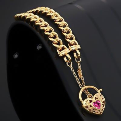 18ct Heavy Yellow Gold Plated Euro Chain Bracelet with a Pink Filigree Locket - USA Made-2